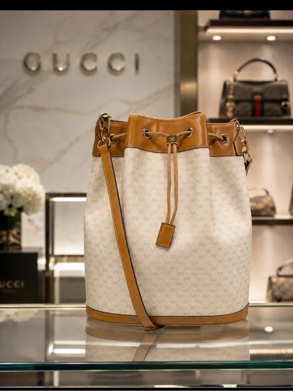 Gucci Cream and Tan Drawstring Bucket Bag